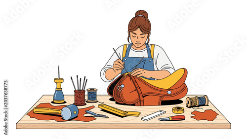 Cuadro en lienzo Crafting Leather Goods: A skilled artisan meticulously stitches a leather bag, surrounded by essential tools like awls, needles, and a hammer, showcasing the art of handmade craftsmanship