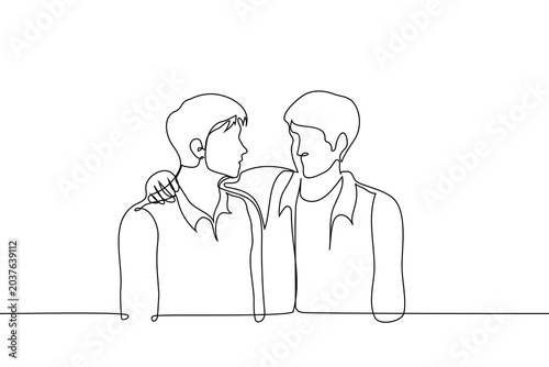 Continuous line drawing of two men standing together, with one putting his arm around the other's shoulder in a gesture of friendship and support. Minimalist art