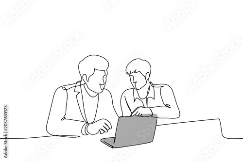 Continuous line drawing of two businessmen working together on laptop. One-line sketch of corporate male colleagues analyzing data, collaborating, mentoring, or discussing project at office desk