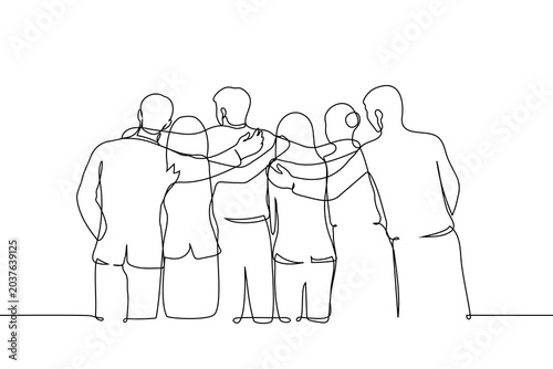 Continuous line drawing of diverse group of people huddling and hugging each other from back view. One-line sketch of corporate team or friends showing unity, support, and friendship