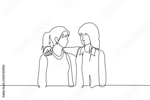 line drawing of two women hugging or comforting each other. One-line sketch of female friends sharing supportive moment, representing sisterhood, empathy, psychological help, or partnership.