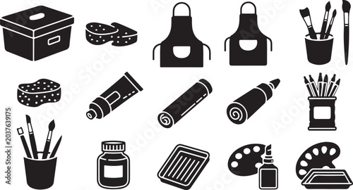 Black and white art supplies illustration set