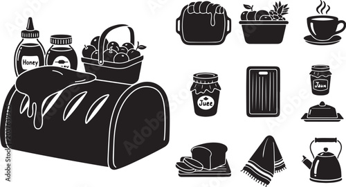 Black and white breakfast food icons illustration set
