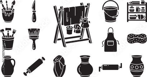 Black and white pottery tools illustration set