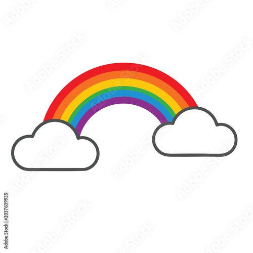 Colorful Rainbow Arch With Fluffy White Clouds Isolated on White Background.