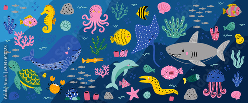 Underwater world drawn in doodle style. Whale, fish, crab, shark, turtle, seaweed, shells, seahorse, jellyfish. Vector illustration on blue background.
