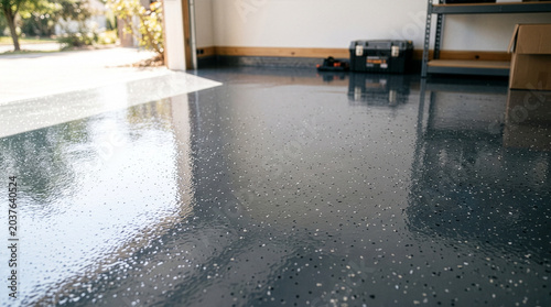 A freshly coated glossy speckled epoxy garage floor in dark gray reflects bright daylight from the open door, with toolbox and shelf visible in the clean background