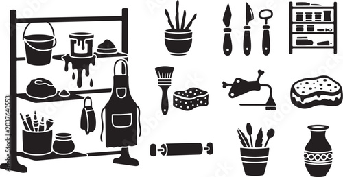 Black and white art supplies illustration set