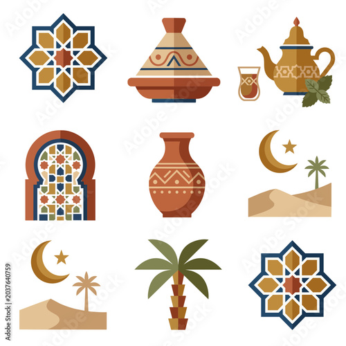 Collection of Moroccan traditional vector icons featuring Islamic ornaments lanterns tagine pots tea sets desert landscapes palm trees and geometric mosaic elements isolated on white background