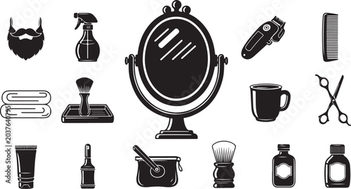 Barber shop tools and grooming equipment icons set
