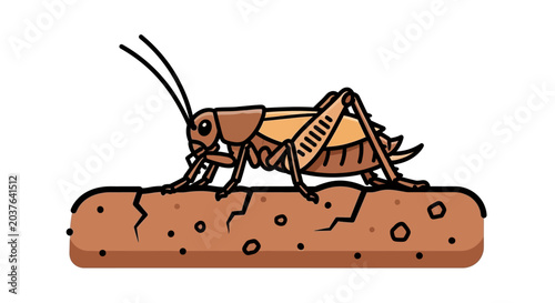 Bilde på lerret Cartoon Cricket Insect on Soil Ground, Side View Illustration