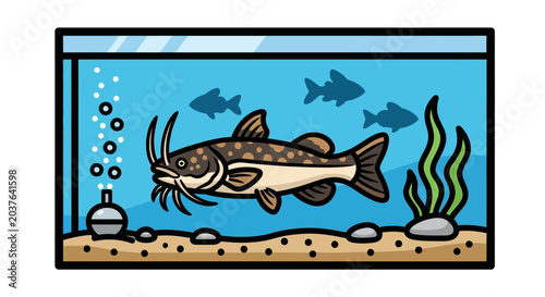 Obraz na plátně Cartoon Catfish Swimming in Aquarium with Bubbles and Aquatic Plants