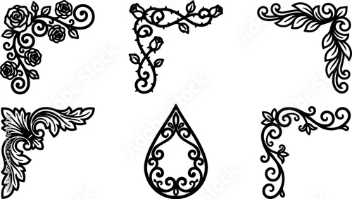 Black and white ornamental floral corners and teardrop flourish vector art set