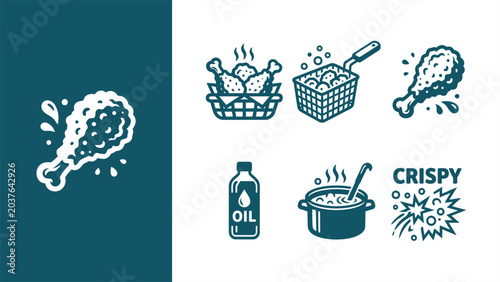 Fotografía Fried Chicken Cooking Vector Icon Set