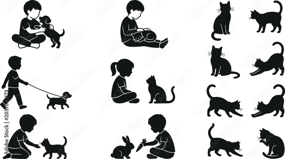 Obraz premium Children Playing with Cats and Pets Silhouette Collection Featuring Animal Care and Cute Pet Activities