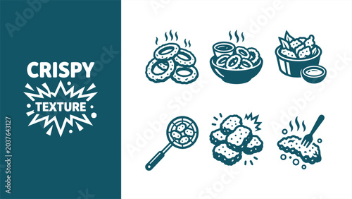 Fotografía Crispy food texture vector icon set featuring fried snacks and onion rings
