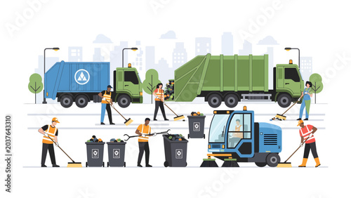Photos Urban Sanitation Crew: A team of city workers diligently cleans the streets, operating a street sweeper and garbage trucks, ensuring a pristine urban environment