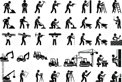 Canvastavla Construction Worker Silhouette Collection with Heavy Machinery Surveying Masonry