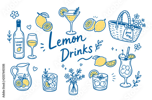 Lemon Drinks. Set of lemon fruit icon in hand drawn blue and yellow doodle style. vector illustration.