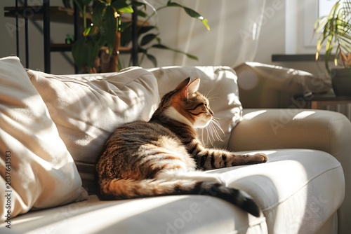 cat stretching on sofa in modern apartment, soft morning light, minimal interior, calm lifestyle moment, clean composition, high detail
