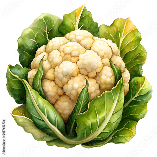 Watercolor illustration of a cauliflower head surrounded by vibrant green leaves. Fresh produce. detailed in a vibrant watercolor style.