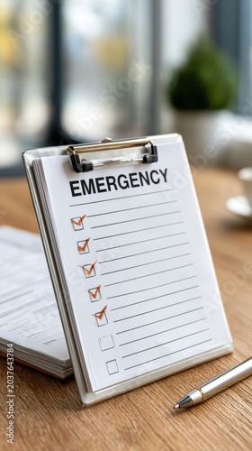A checklist labeled emergency plan rests on a wooden table with a cup of coffee and flowers beside it, ready for use