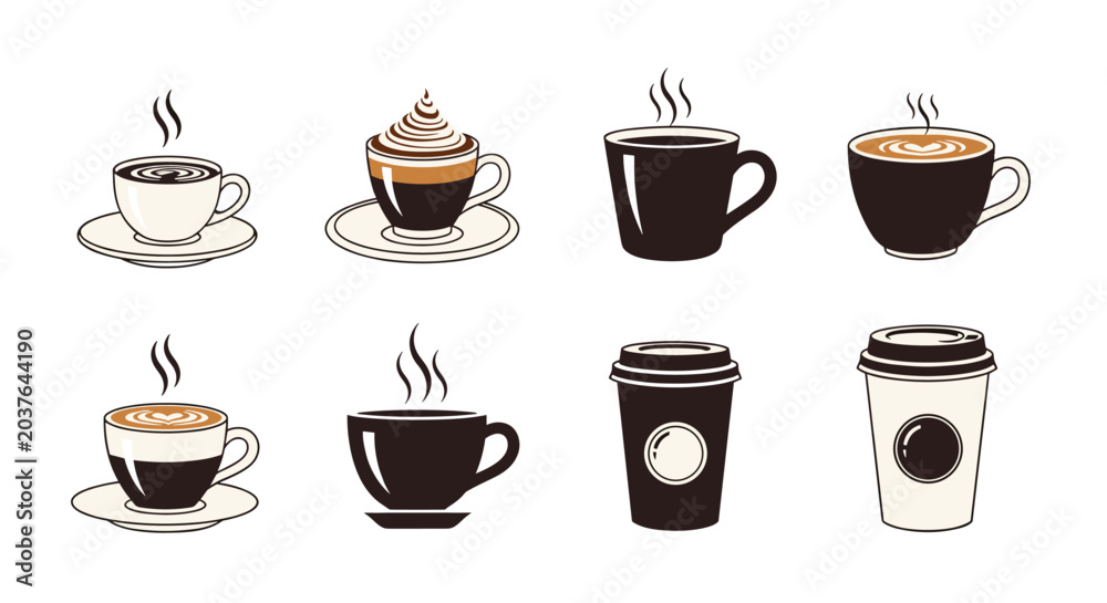 Obraz premium Variety of coffee cup icons including latte, espresso, and takeaway containers with steam for cafe branding and menu design.