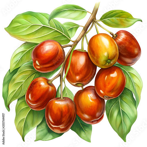 Red jujubes on a branch with lush green leaves. A cluster of ripe. vibrant red jujubes hang from a branch. complete with detailed green leaves.