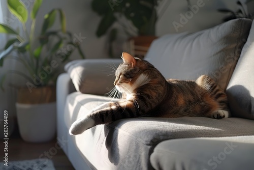 cat stretching on sofa in modern apartment, soft morning light, minimal interior, calm lifestyle moment, clean composition, high detail