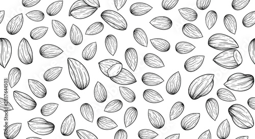 Detailed seamless pattern of numerous almonds in a vintage black and white etching style on a white background.