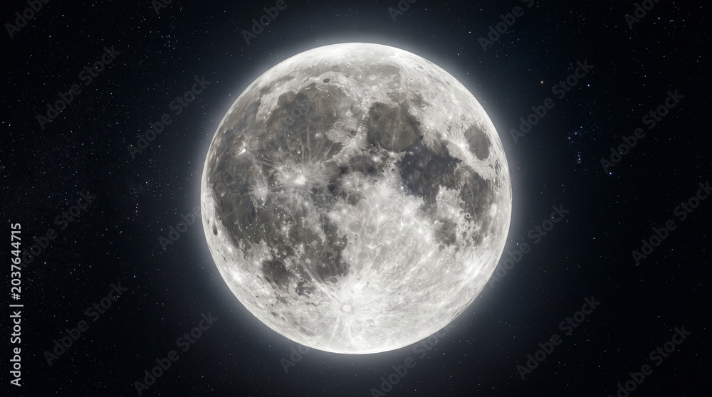 Fototapeta premium Glowing full moon in a starry night sky with a black background