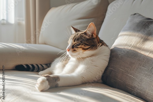 cat stretching on sofa in modern apartment, soft morning light, minimal interior, calm lifestyle moment, clean composition, high detail