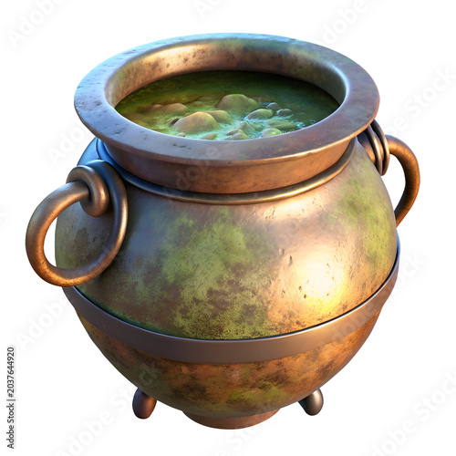 Antique copper cauldron filled with green bubbling liquid. Intricate design with handles and bands. isolated on a black background. Fantasy object for magical or mystical themes.