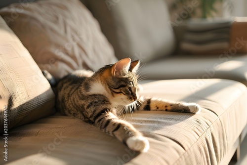 cat stretching on sofa in modern apartment, soft morning light, minimal interior, calm lifestyle moment, clean composition, high detail