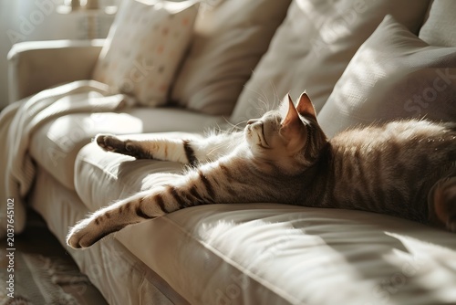cat stretching on sofa in modern apartment, soft morning light, minimal interior, calm lifestyle moment, clean composition, high detail