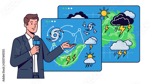 Bilde på lerret Weather Report Illustration: A man in a suit holding a microphone presents a weather forecast, pointing to colorful charts depicting atmospheric phenomena like hurricanes, thunderstorms, and sunshine