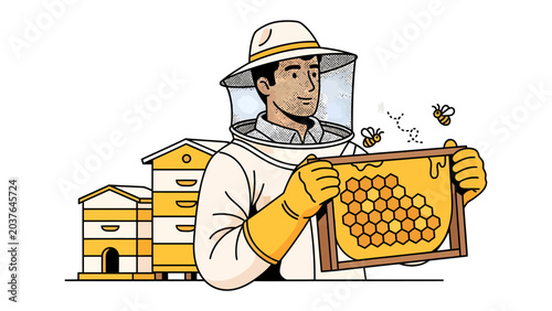 Tableau sur toile Beekeeper with Honeycomb: A diligent beekeeper, clad in protective gear, carefully holds a frame of honeycomb, with apiaries in the background and bees buzzing around