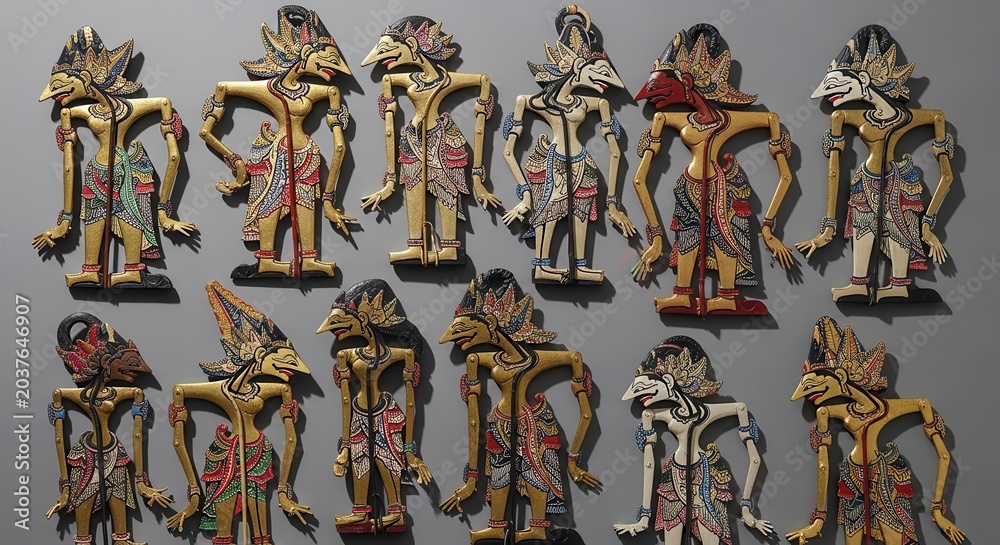Fototapeta premium Collection of Ancient Egyptian Shabti Figures Displayed on a Gray Background.