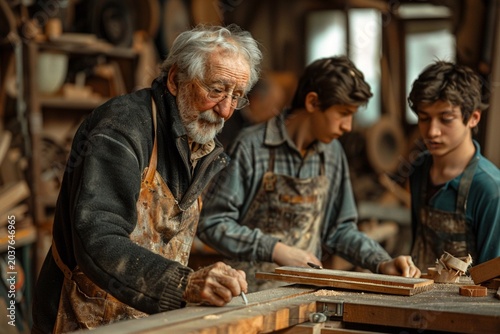 Senior gray-haired carpenter mentoring two young apprentices in a rustic woodworking workshop, teaching traditional craft, measuring wooden boards, and sharing artisan skills across generations