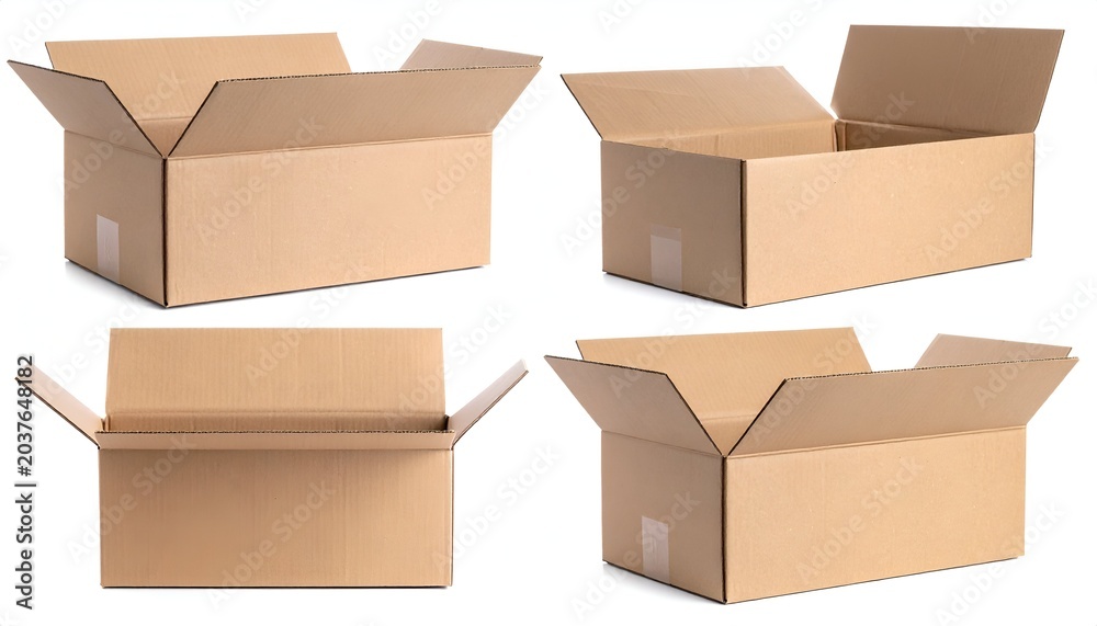 Fototapeta premium Four brown cardboard boxes, open and empty, presented in different perspectives against white