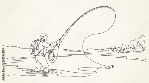 Fishing scene in a river continuous line art style
