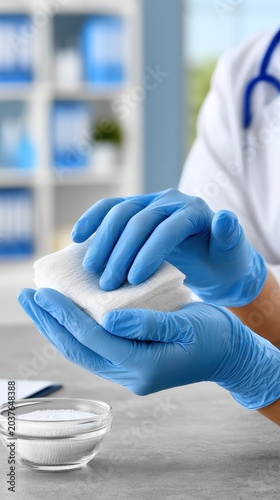 A person wearing medical gloves is preparing a bandage in a clean clinical setting, focusing on patient care and hygiene