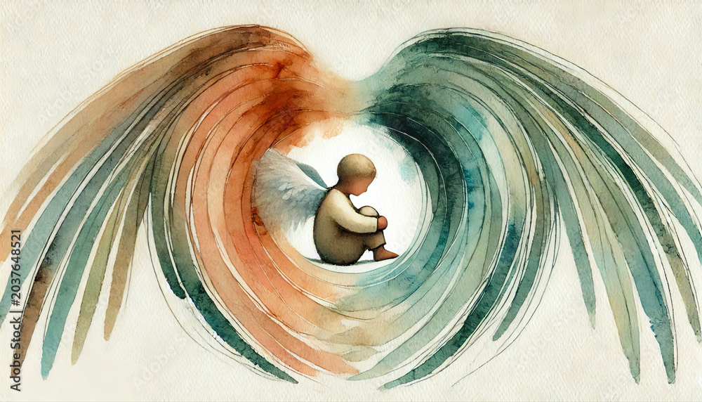 Obraz premium Guardian Angel Protecting Child Watercolor Illustration