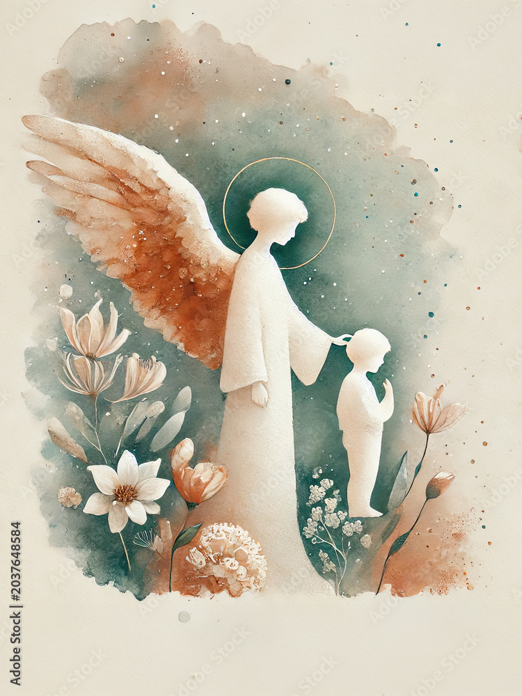 Obraz premium Guardian Angel Protecting Child with Flowers Watercolor Illustration