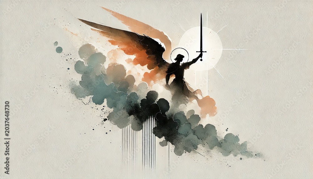 Obraz premium Saint Michael Archangel with Sword Minimalist Christian Watercolor Illustration