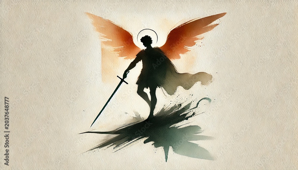 Obraz premium Saint Michael Archangel with Sword Minimalist Christian Watercolor Illustration