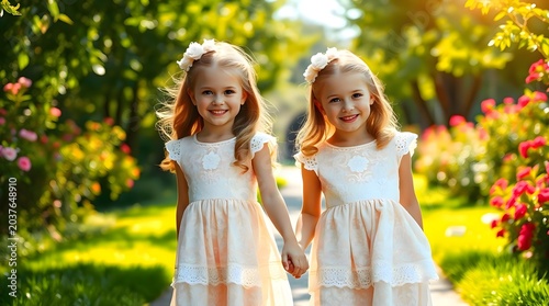 Little girls that are standing in the grass, happy sweet childhood sisters friends together outdoor, country meadow nature garden lifestyle