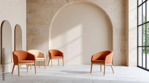 A barbershop interior shows aligned chairs and mirrors on a large empty wall, emphasizing a simple and clean aesthetic