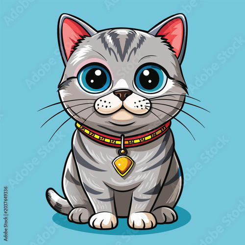 Cute cartoon gray cat wearing a collar