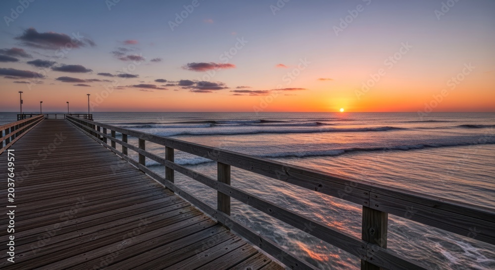 Fototapeta premium Serene Sunrise Over the Ocean Viewed from a Wooden Pier.